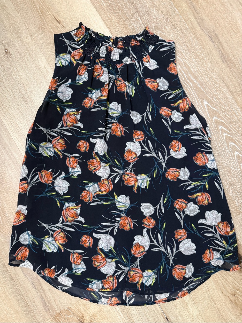 Daniel Rainn Navy Floral Sleeveless Mock Neck Blouse with Orange & White Flowers
